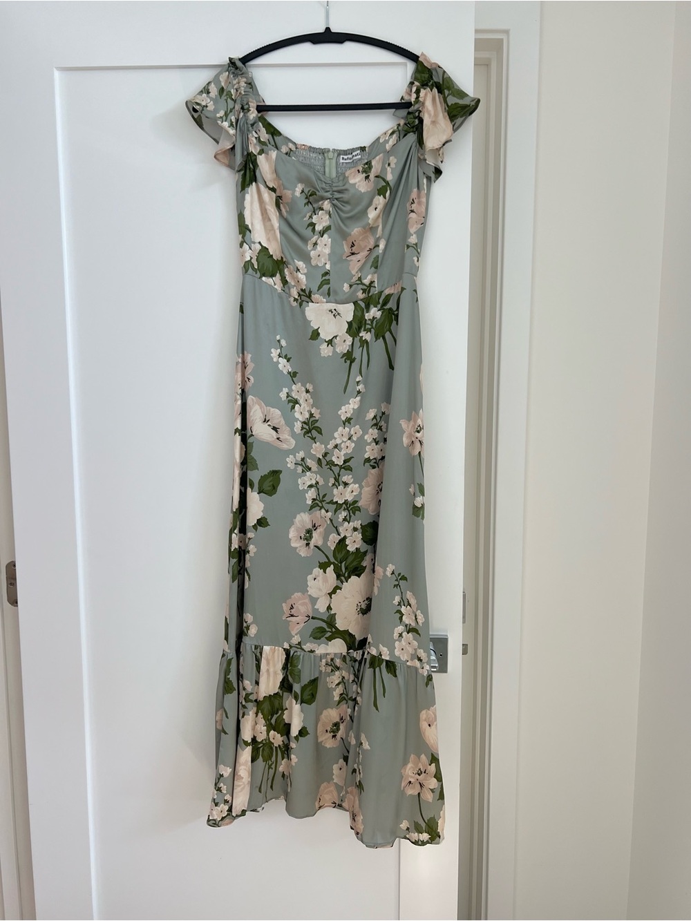 Reformation Sianna Silk Sage Floral Off-Shoulder Midi Dress Size 4